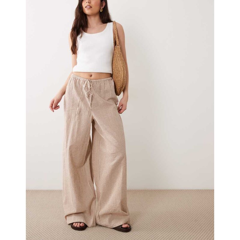 Wednesdays Girl tie up wide leg trouser in brown stripe
