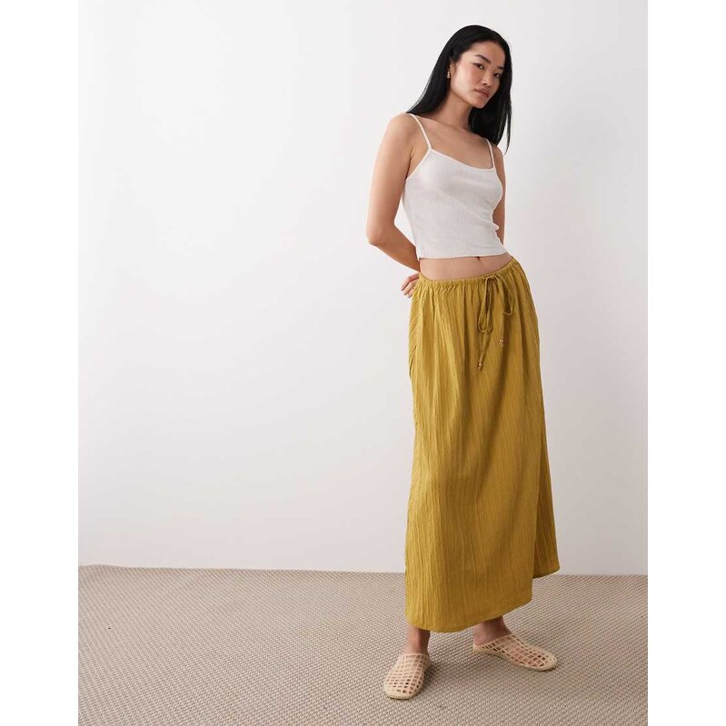 Wednesdays Girl floaty tie up midaxi skirt in warm khaki-Green