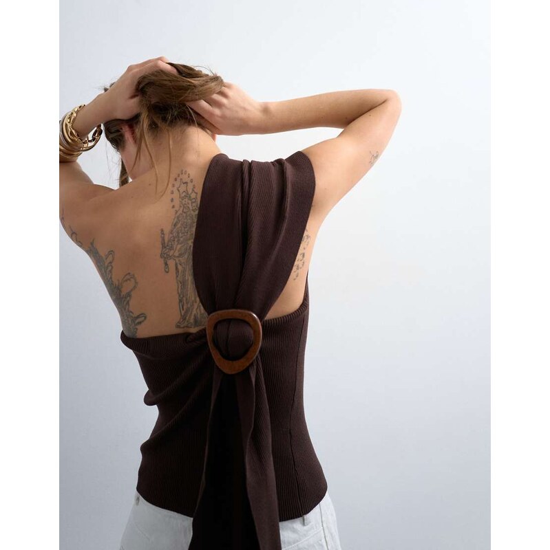 Topshop knitted ribbed wrap scarf top in chocolate-Brown