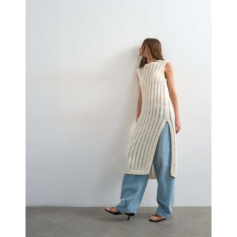 Topshop knitted textured open stitch sleeveless dress in ivory