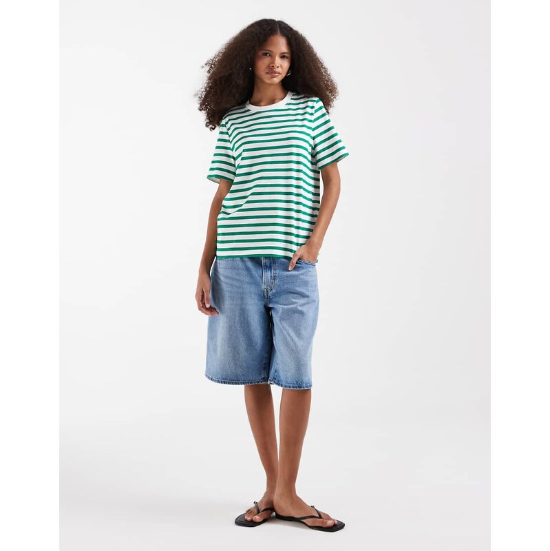Vero Moda boxy t-shirt in white and bosphorus green stripe