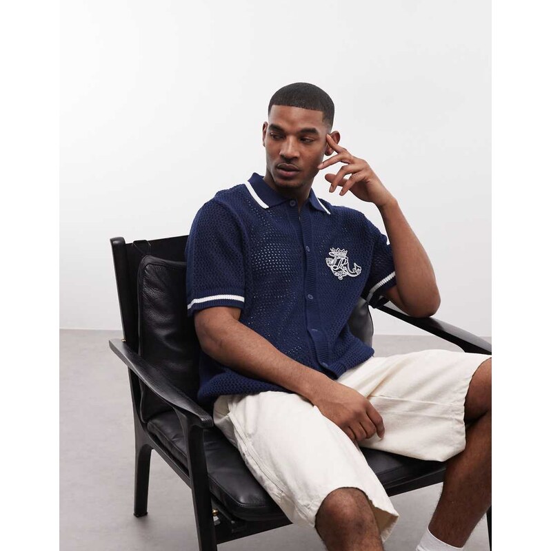 True Religion crochet knit logo shirt in midnight blue