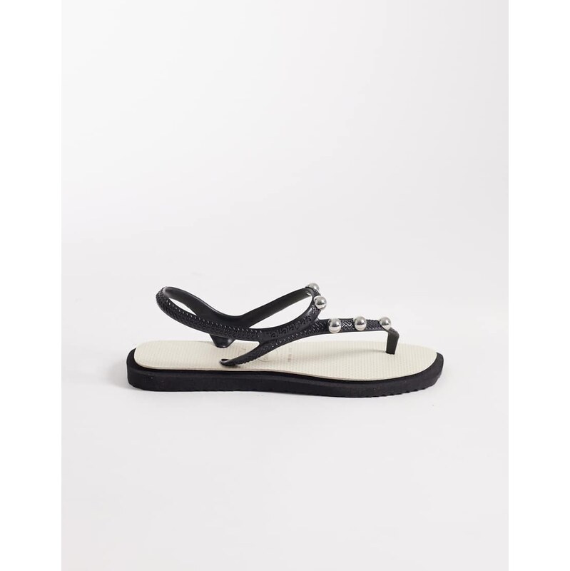Havaianas square toe studded flip flops in black and white