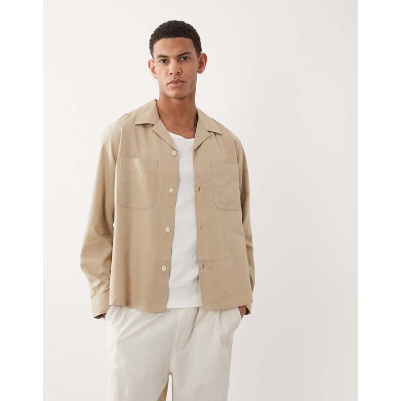 Mango cotton mix button up light wieght shacket in beige-Neutral