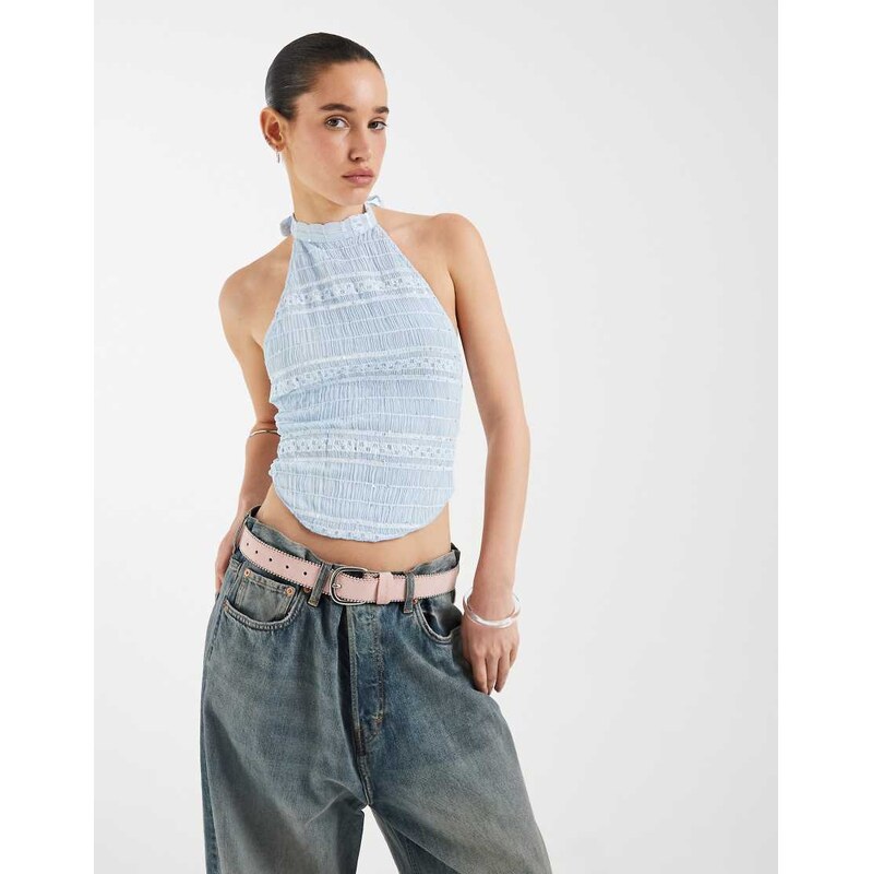 Motel Adisti sequin mesh high neck tie up top in baby blue-White 114956562
