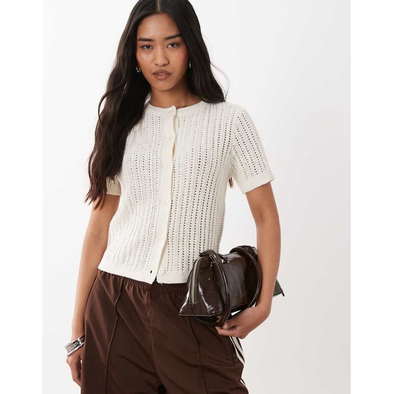 Mango cotton rich knitted short sleeve cardigan in cream-Neutral 114969746