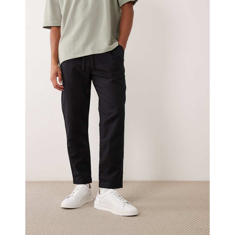 Mango tie waist linen trouser in black