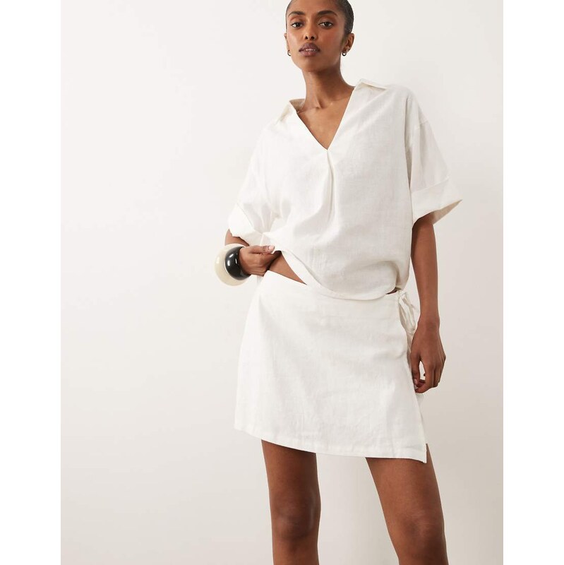 River Island linen look tie side skort co-ord in white