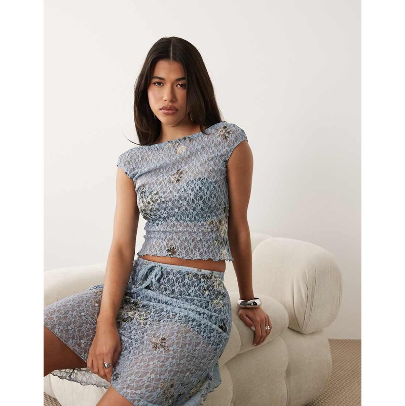 ASOS DESIGN co-ord printed lace cap sleeve open back top in blue