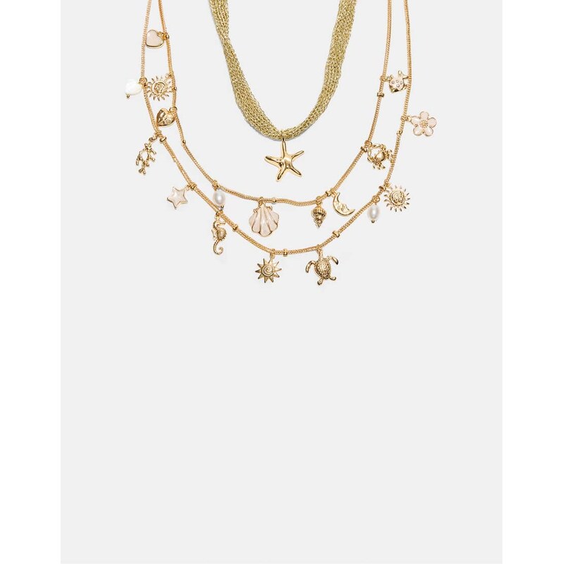 Stradivarius Set of 2 marine charm necklaces in gold-Yellow