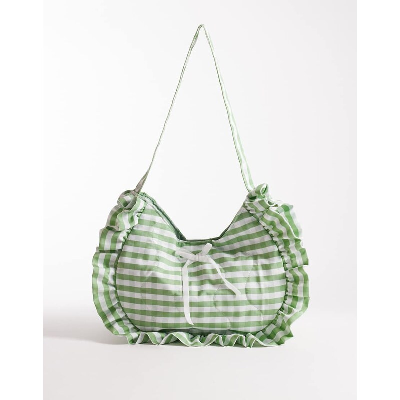 South Beach ruffle shoulder bag in sage green gingham 114958824