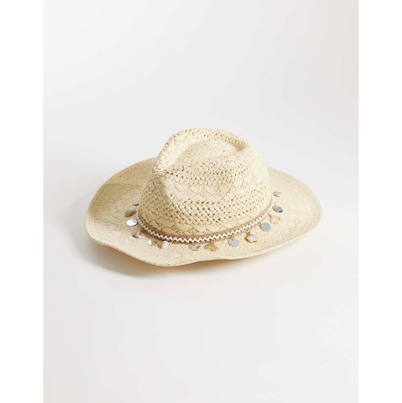 My Accessories straw cowboy hat in beige with shell trim-Neutral