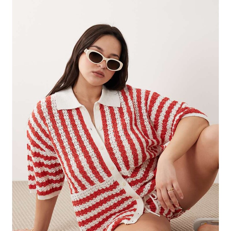 ASOS Curve ASOS DESIGN Curve beach knit button through top co-ord in 114962098