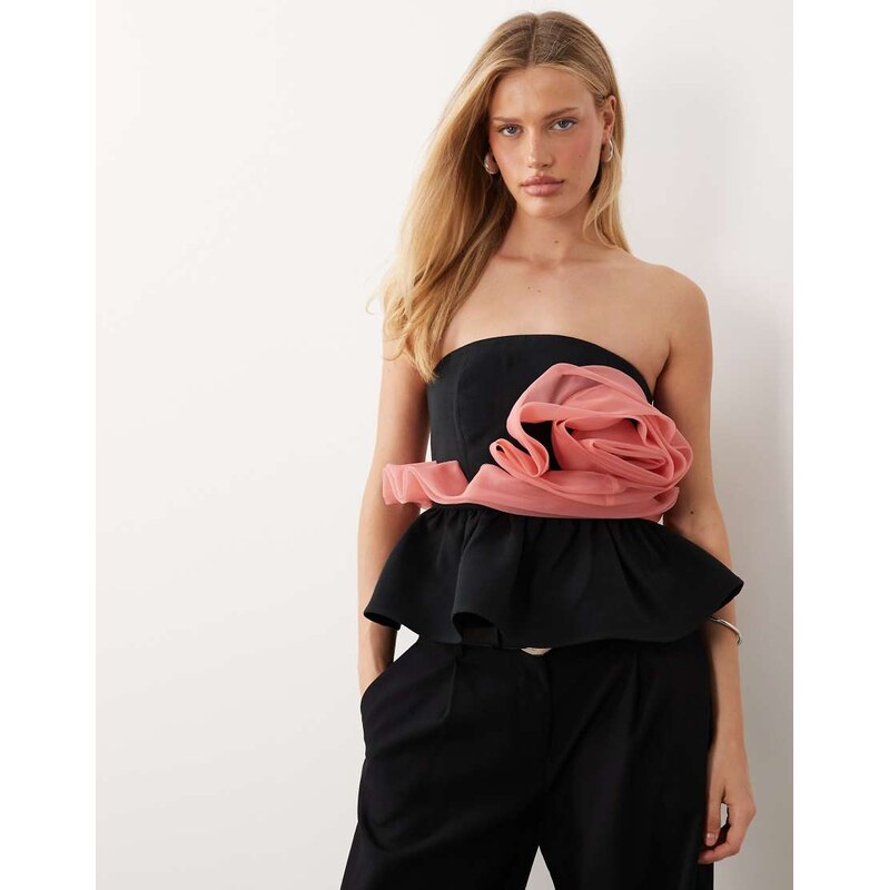 ASOS LUXE bandeau peplum top with corsage detail in black and pink 114958869