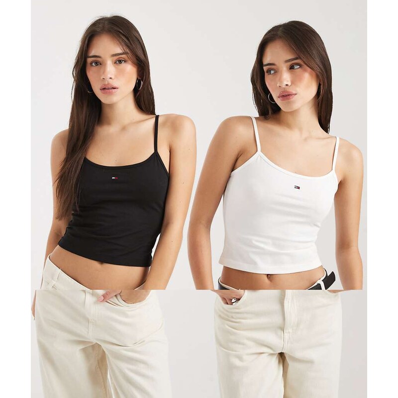 Tommy Jeans essential cotton 2 pack strappy vest in black &
