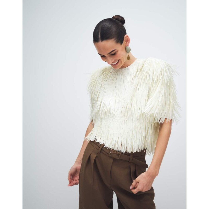 ARRANGE all over shard sequin strong shoulder t-shirt in white 114958954