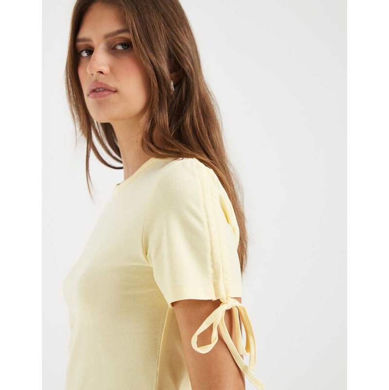 Pieces ruched shoulder t-shirt in pastel yellow