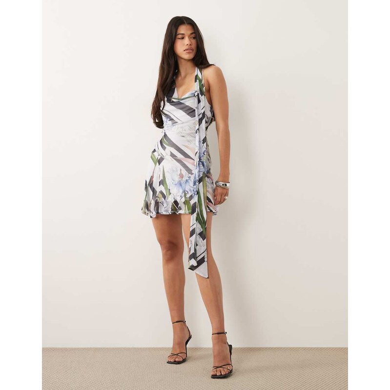 ASOS DESIGN cowl neck mini dress with scarf detail and godets in