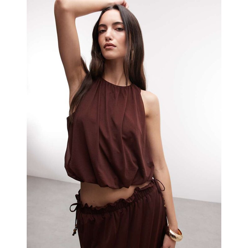 River Island chiffon bubble hem racer top in brown 114959073