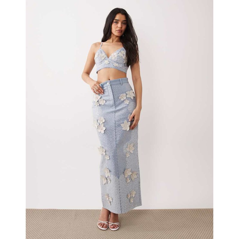 ASOS LUXE co-ord denim embellished maxi skirt in light blue 115043247
