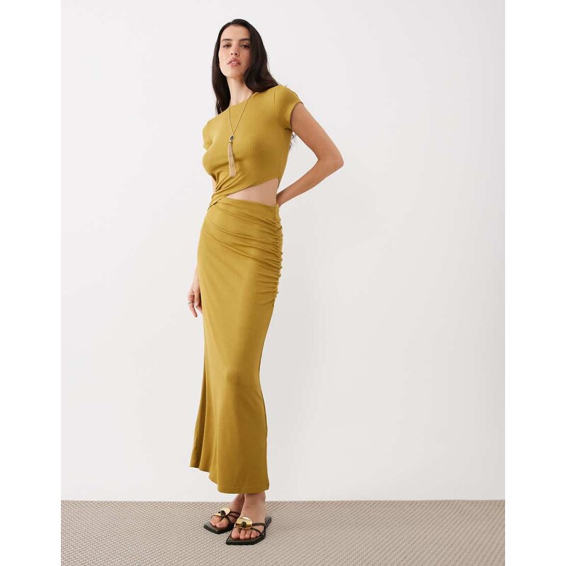 ASOS DESIGN light rib cut out midi dress in olive green