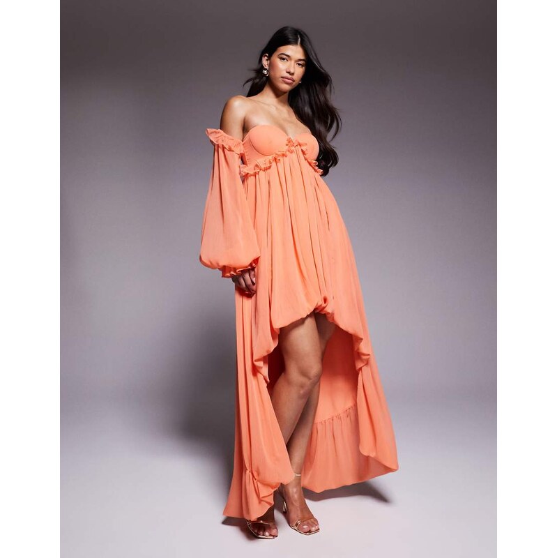 ASOS LUXE cupped bardot maxi dress with ruffle detail in coral