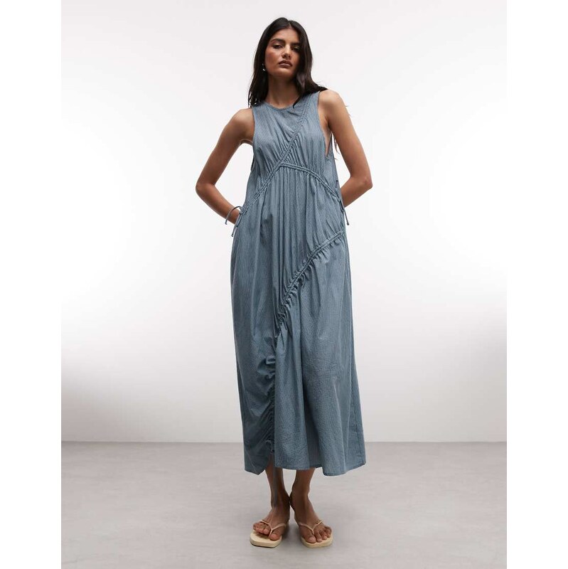 COLLUSION channel detail high neck midi dress in blue check 115528994