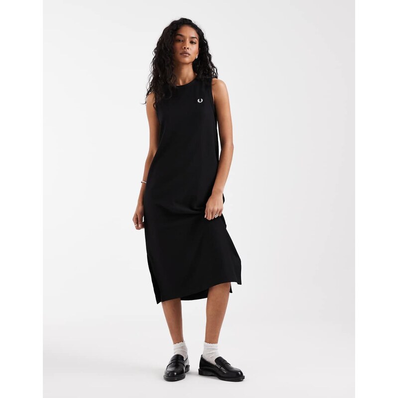 Fred Perry rib tricot logo sleeveless midi dress in black 115051972