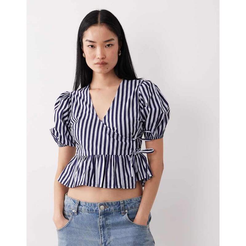 Wednesdays Girl wrap short sleeve top in blue stripe