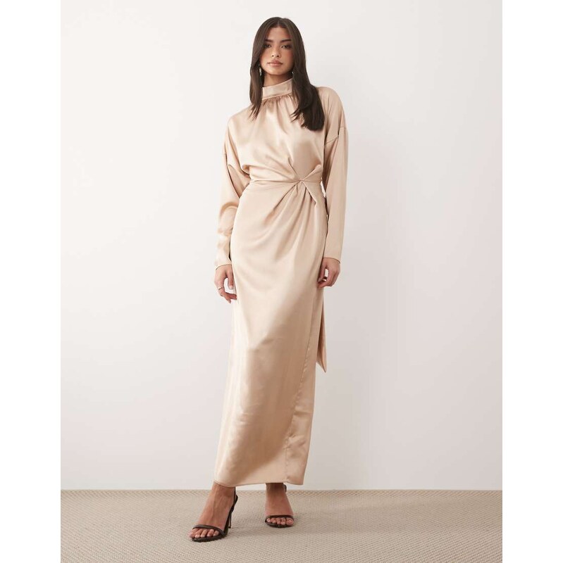 Daska satin high neck long sleeve knot detail maxi dress in gold-Blue 115030070
