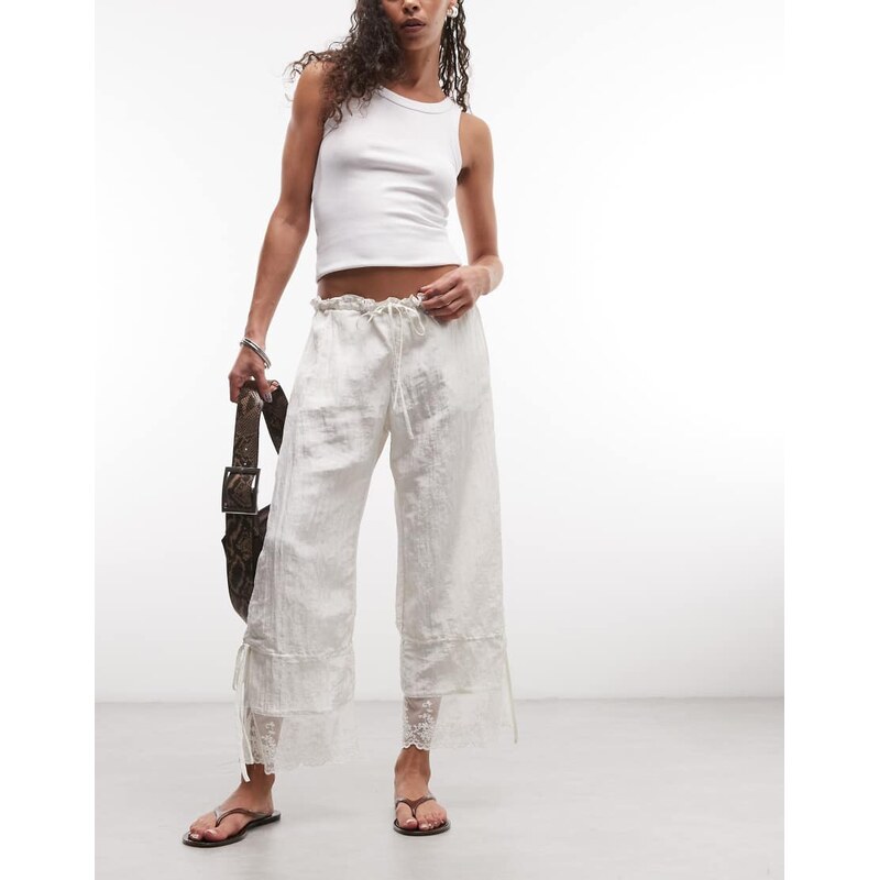 Monki lace detail textured balloon trousers in white 115537538