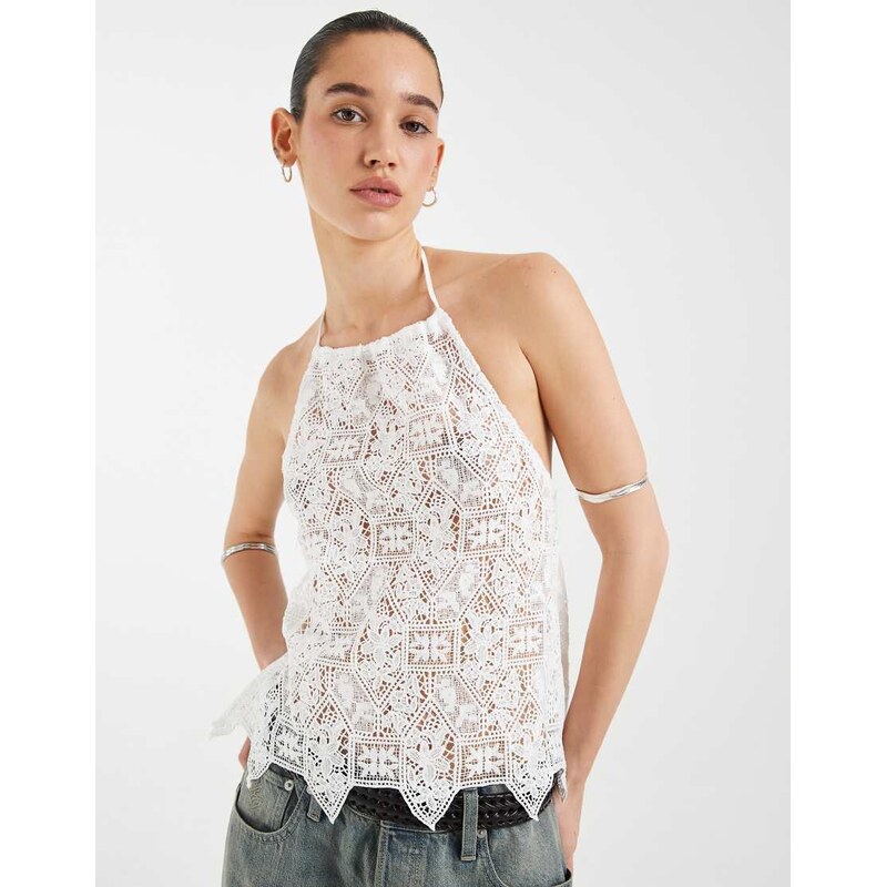 Motel Irina woven halter top in ivory-Blue