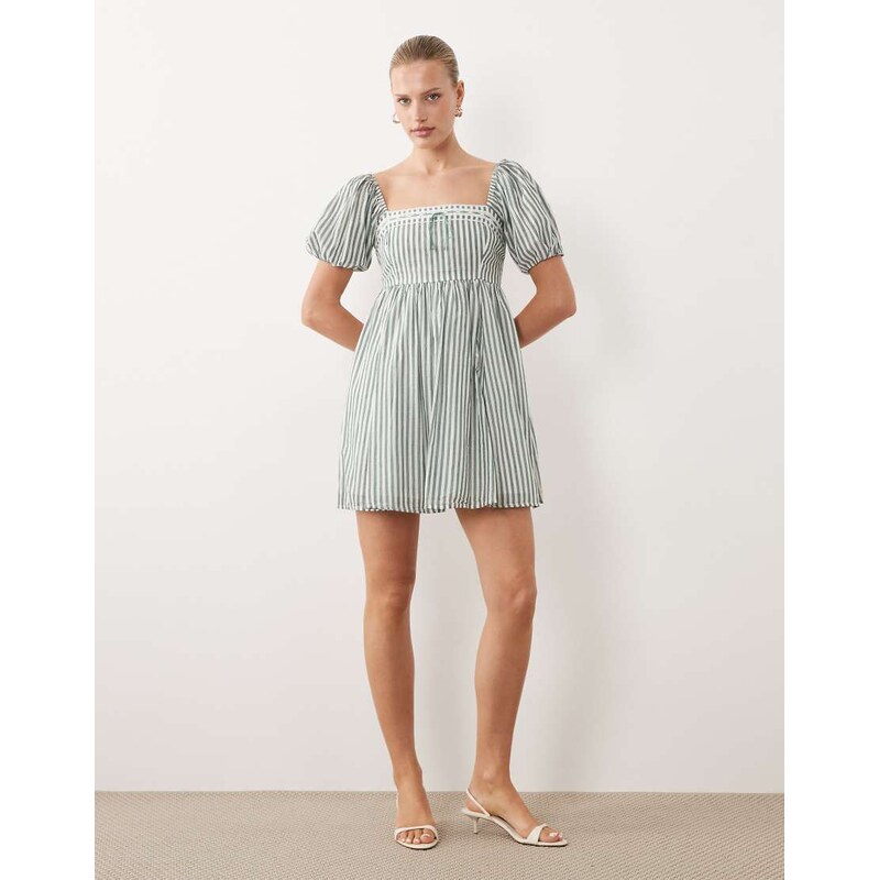 Abercrombie & Fitch puff sleeve mini babydoll dress in green