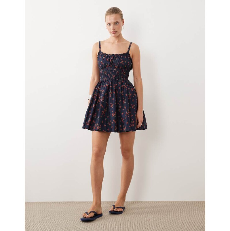 Abercrombie & Fitch strappy mini smock dress in navy strawberry print 115033969