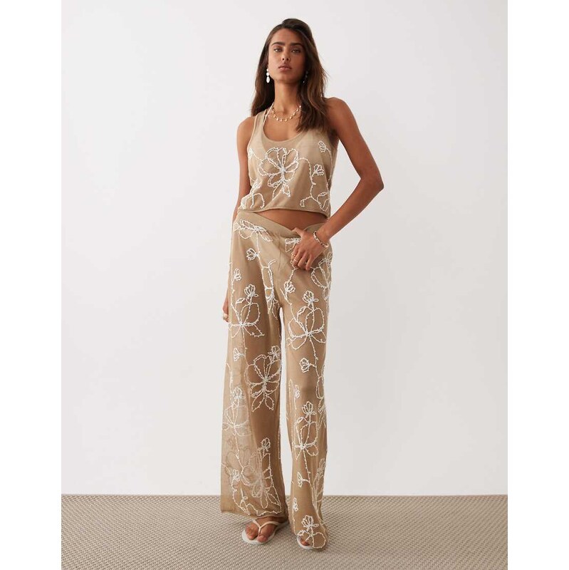 Miss Selfridge beach premium sheer knit embroidered crop vest top in 114962090