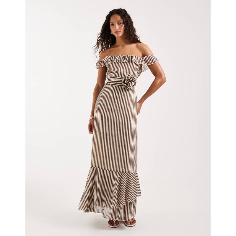 Pretty Lavish off the shoulder ruffle maxi dress with corsage scarf in 114962114