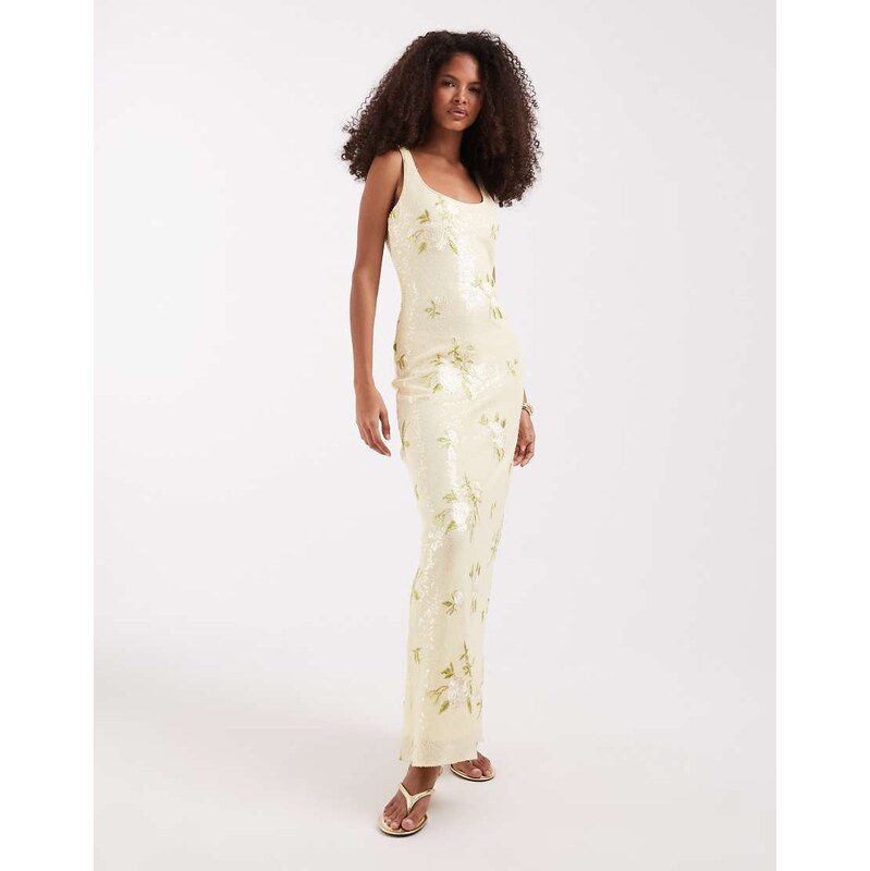 Pretty Lavish Zia sequin scoop neck maxi dress in lemon floral