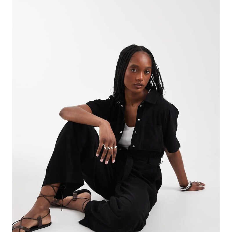 ONLY Tall tie waist short sleeve jumpsuit in black