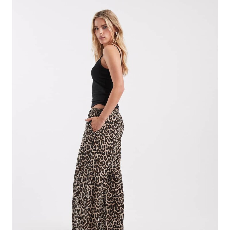 ONLY Petite tie detail pull on trousers in leopard print-Brown