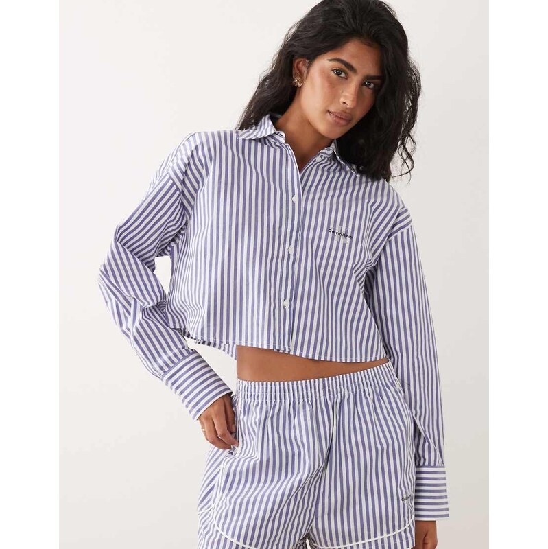 Calvin Klein logo co-ord cropped poplin shirt in blue stripe 114962142
