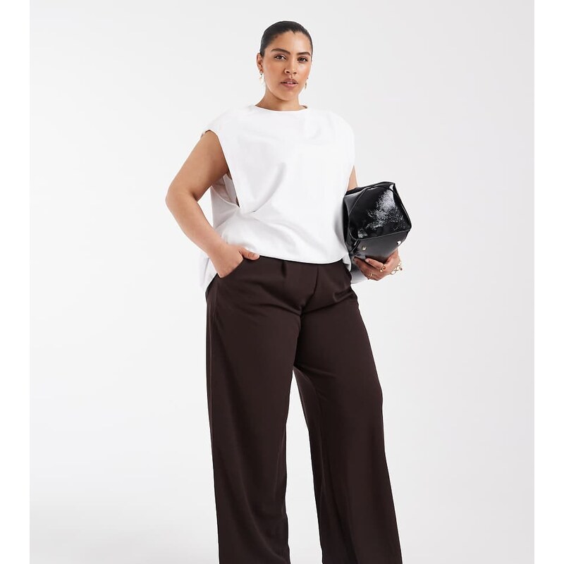ONLY Curve tailored wide leg trousers dark brown