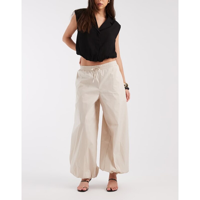 Object poplin balloon tie waist trouser in cream-White 114962187