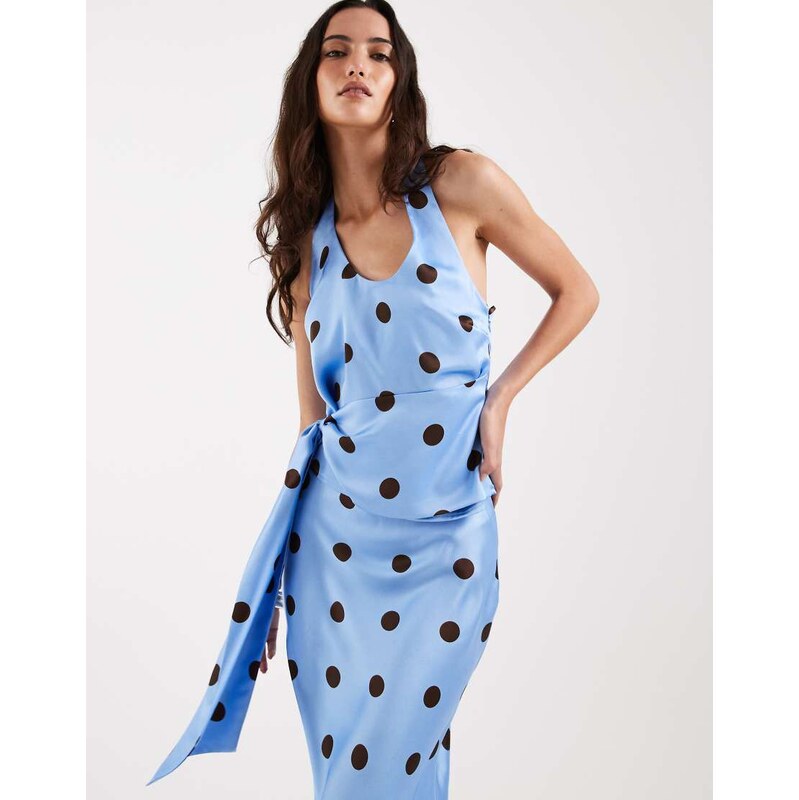 4th & Reckless satin halterneck drape waist detail top co-ord in blue 114962202
