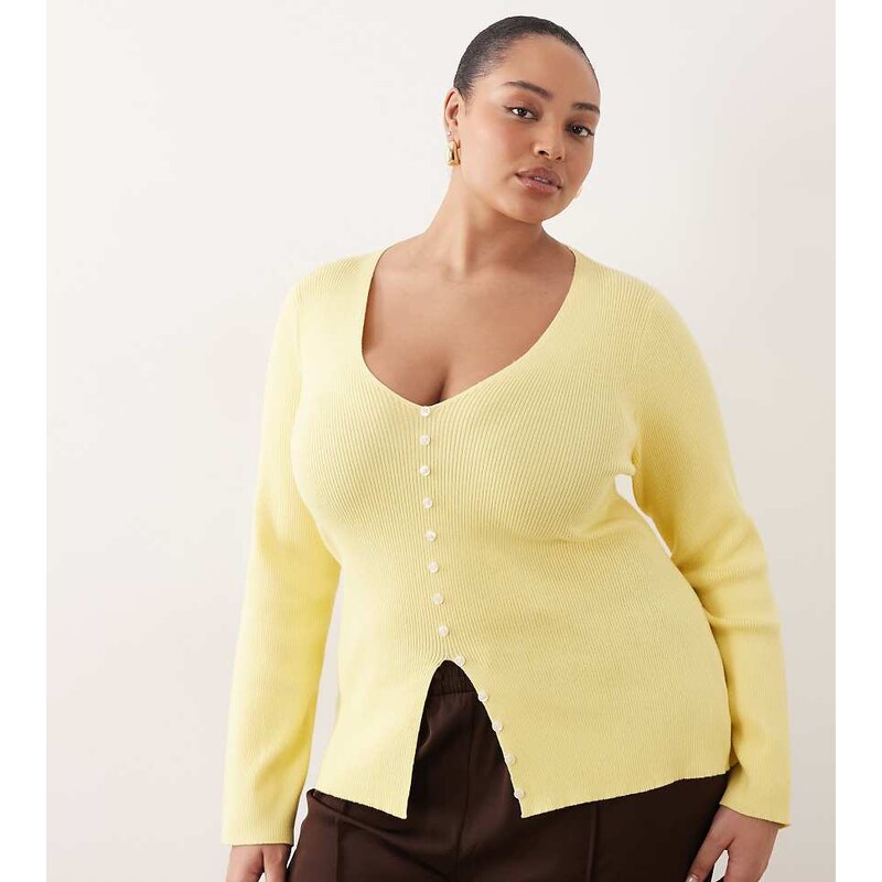 Pretty Lavish Curve button down long sleeve ribbed top in yellow 115518486