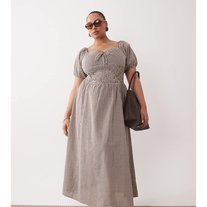 Esmee Curve puff sleeve tie front maxi beach dress in brown & cream 115518793