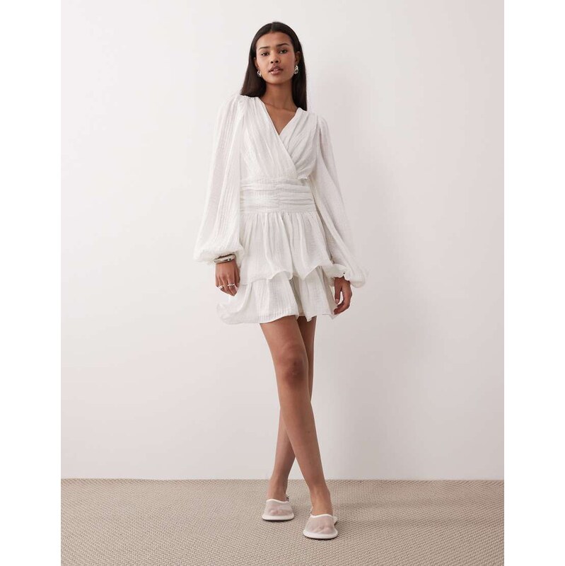 Gina Tricot v neck wide sleeve mini dress in cream-White
