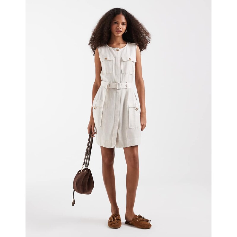Vero Moda linen look utility pocket detail belted mini dress in cream-White