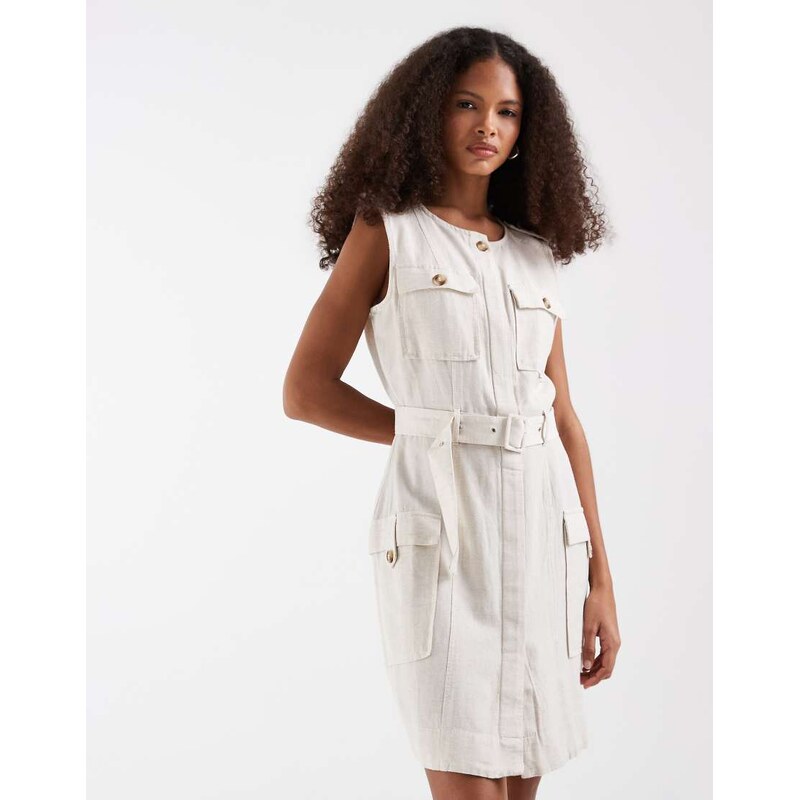 Vero Moda linen look utility pocket detail belted mini dress in cream-White