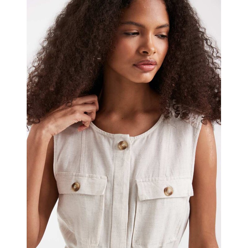 Vero Moda linen look utility pocket detail belted mini dress in cream-White
