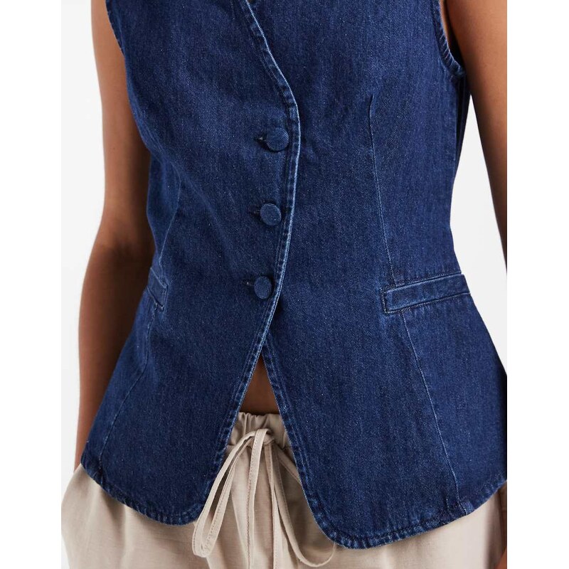 Vero Moda denim asymmetric placket waistcoat with covered buttons in medium blue wash